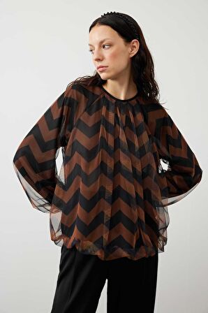 Zigzag Tül Baskılı Balon Bluz Orijinal