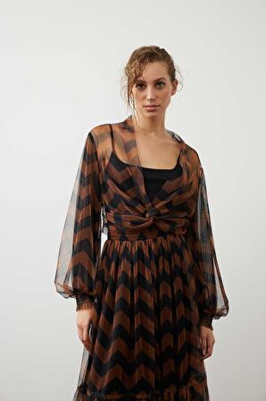 Zigzak Tül Baskılı Kruvaze Crop Bluz Orijinal