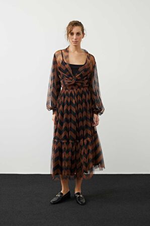 Zigzak Tül Baskılı Kruvaze Crop Bluz Orijinal