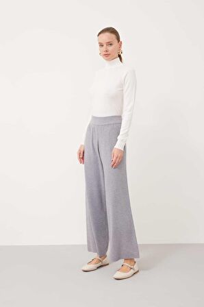 Geniş Paça Beli Lastikli Triko Pantolon Gri