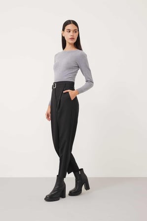 Kemerli Yün Pantolon Siyah