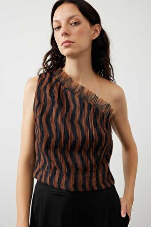 Zigzag Tül Baskılı Tek Omuz Bluz Orijinal