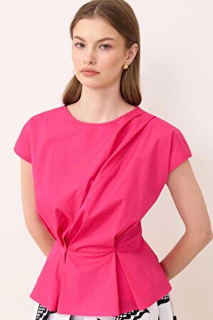 Drape Detaylı Peplum Poplin Bluz Fuşya