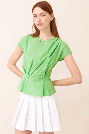Drape Detaylı Peplum Poplin Bluz Yeşil