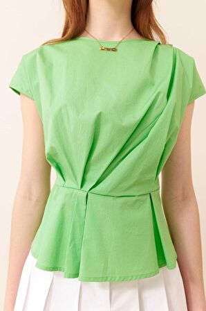 Drape Detaylı Peplum Poplin Bluz Yeşil