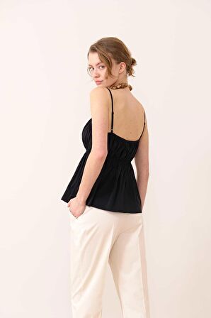 İnce Askılı Poplin Bluz Siyah