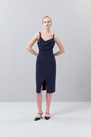Askılı Drape Detaylı Asimetrik Elbise Lacivert