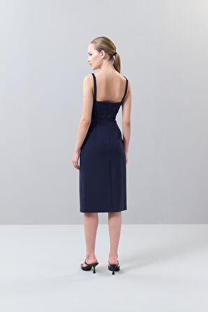 Askılı Drape Detaylı Asimetrik Elbise Lacivert