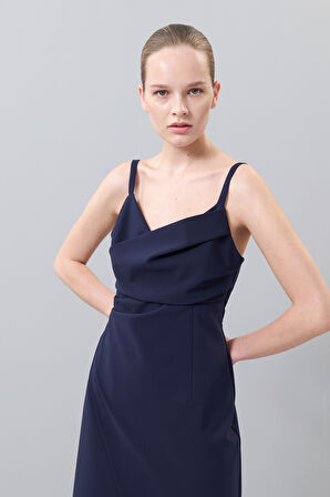 Askılı Drape Detaylı Asimetrik Elbise Lacivert