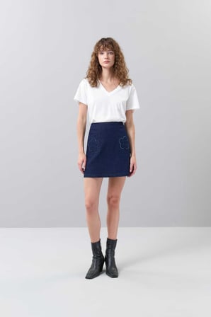 Papatya Motifli Mini Denim Etek Lacivert