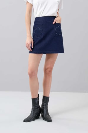 Papatya Motifli Mini Denim Etek Lacivert