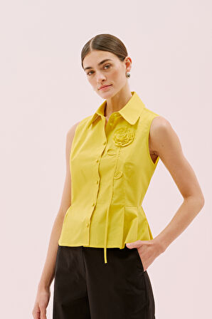 Çiçek Motifli Kolsuz Peplum Gömlek Sarı