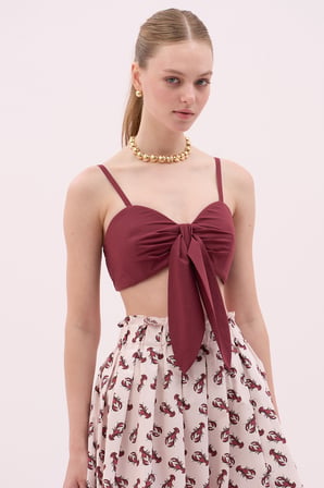 Bağlama Görünümlü Askılı Crop Bordo
