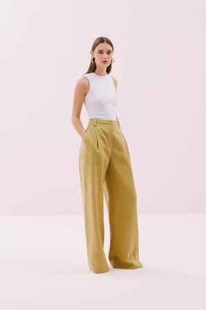 Tek Pilili Palazzo Keten Pantolon Olive