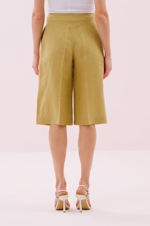 Geniş Paça Keten Bermuda Pantolon Olive