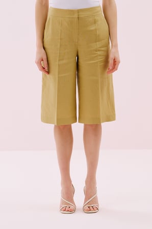 Geniş Paça Keten Bermuda Pantolon Olive