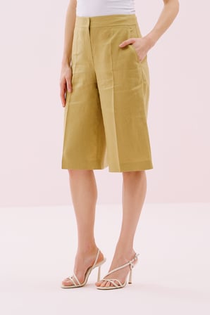 Geniş Paça Keten Bermuda Pantolon Olive