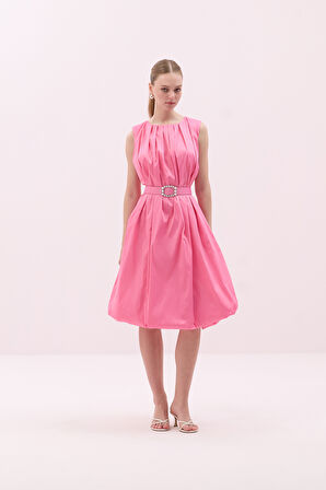 Tafta Beli Kemerli Midi Boy Balon Elbise Pembe