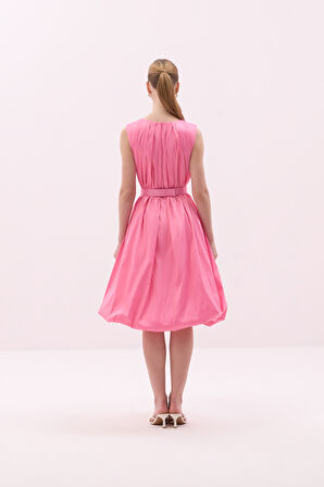 Tafta Beli Kemerli Midi Boy Balon Elbise Pembe