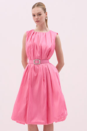 Tafta Beli Kemerli Midi Boy Balon Elbise Pembe