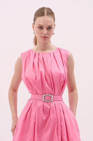 Tafta Beli Kemerli Midi Boy Balon Elbise Pembe