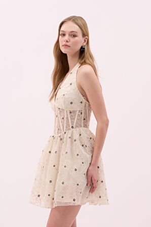 Korse Tipli Halter Yaka Mini Elbise Ekru
