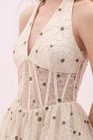 Korse Tipli Halter Yaka Mini Elbise Ekru