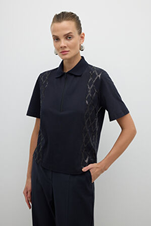 Önü Payet Nakışlı Polo Yaka T-shirt Lacivert