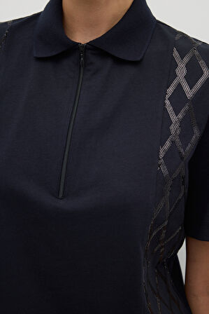 Önü Payet Nakışlı Polo Yaka T-shirt Lacivert