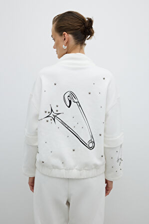 Dik Yaka Fermuarlı Trok Detaylı Sweatshirt Beyaz