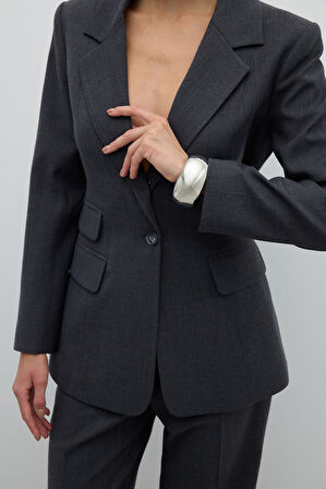 Tek Düğmeli Yün Blazer Ceket Koyu Gri