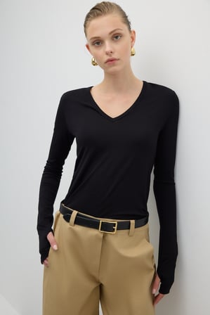 V Yaka Uzun Kol Basic T-shirt Siyah