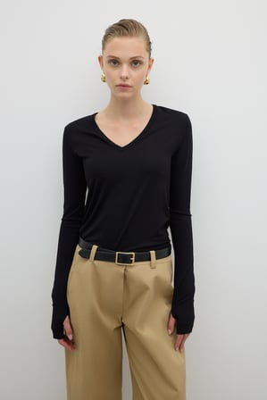 V Yaka Uzun Kol Basic T-shirt Siyah