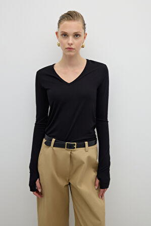 V Yaka Uzun Kol Basic T-shirt Siyah