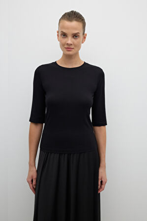 Bisiklet Yaka Ruvakar Kol Basic T-shirt Siyah