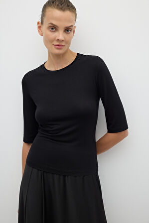 Bisiklet Yaka Ruvakar Kol Basic T-shirt Siyah