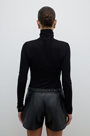 Balıkçı Yaka Uzun Kol Basic T-shirt Siyah