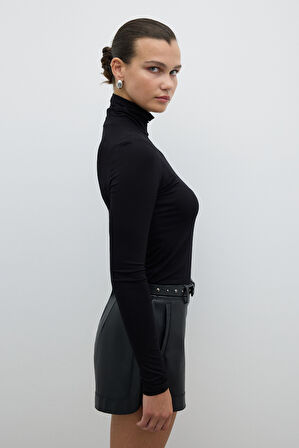 Balıkçı Yaka Uzun Kol Basic T-shirt Siyah