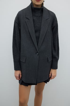 Lurex Çizgili Erkek Yaka Yelek Gri