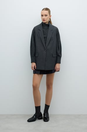 Lurex Çizgili Erkek Yaka Yelek Gri