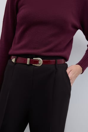 %100 Deri Eskitme Toka Detaylı Kemer Bordo
