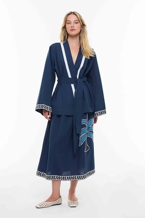 Sırt Detaylı Keten Garnili Kimono Lacivert