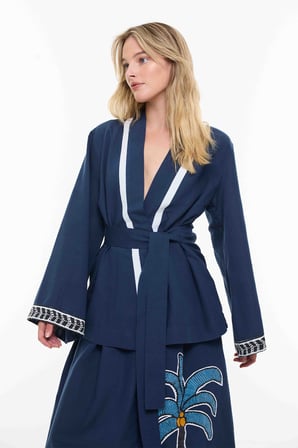 Sırt Detaylı Keten Garnili Kimono Lacivert