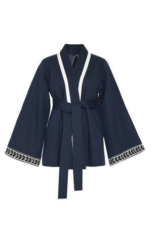 Sırt Detaylı Keten Garnili Kimono Lacivert