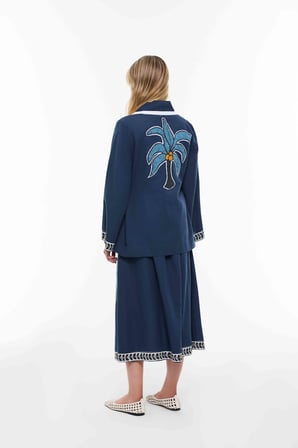 Sırt Detaylı Keten Garnili Kimono Lacivert