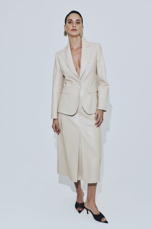 Tek Çıtçıtlı Deri Blazer Ceket Krem