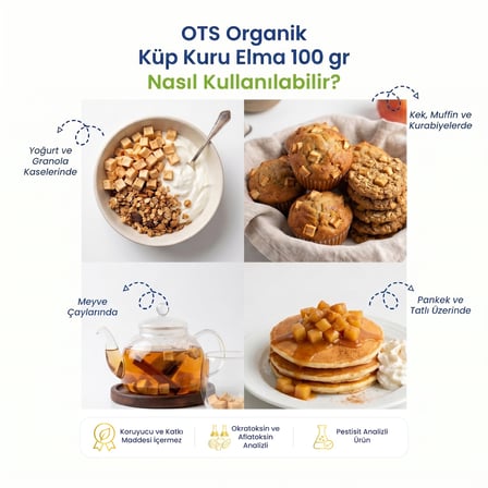 Ots Organik Organik Kuru Küp Elma 100 g (Organik Sertifikalı, Pestisit Analizli)
