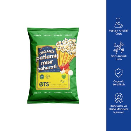 Ots Organik Baharatlı Patlamış Mısır (70 gr) (Organik Sertifikalı, Pestisit Analizli)
