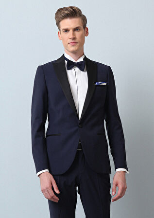 Saks Düz Fashion Slim Fit Kruvaze Yaka Dokuma Smokin Takım Elbise