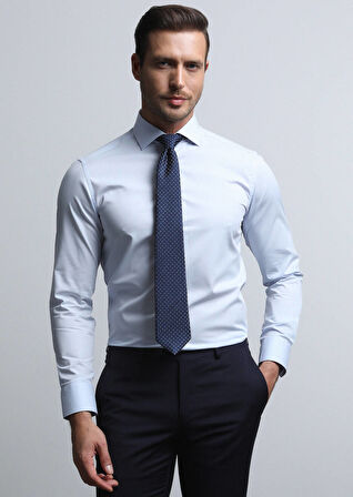 Açık Mavi Düz Slim Fit Dokuma Klasik Pamuk Karışımlı Gömlek